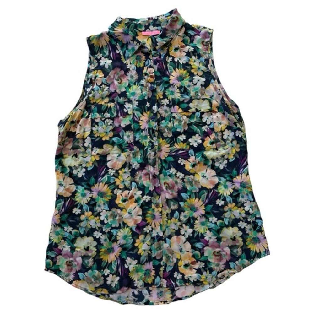 ISAAC MIZRAHI, size Large, Floral Sleeveless Women's Top, front button down,mesh